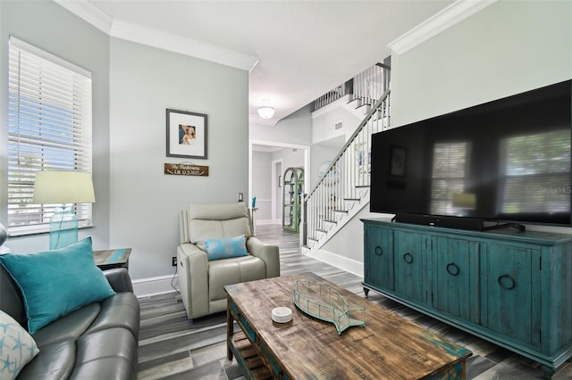 living room featuring ornamental molding and dark hardwood / wood-style floors