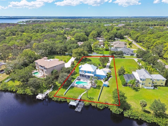 birds eye view of property featuring a water view