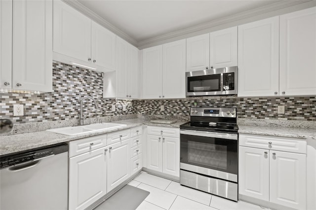 kitchen featuring white cabinets, appliances with stainless steel finishes, sink, and decorative backsplash