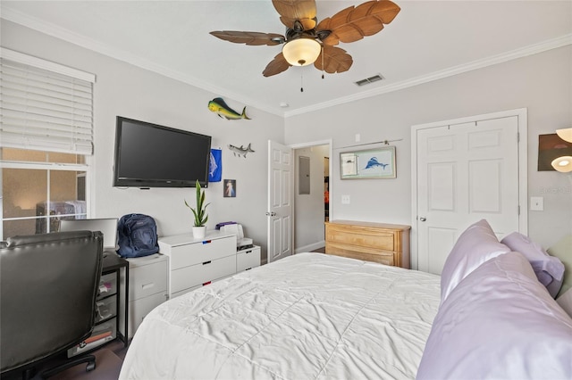 bedroom featuring ceiling fan, electric panel, and ornamental molding