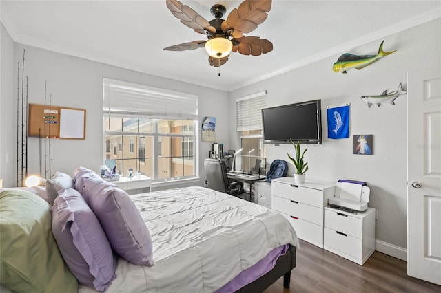 bedroom with crown molding, dark hardwood / wood-style flooring, and ceiling fan