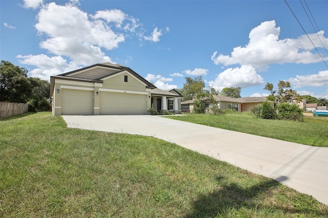 ranch-style house with a front yard and a garage