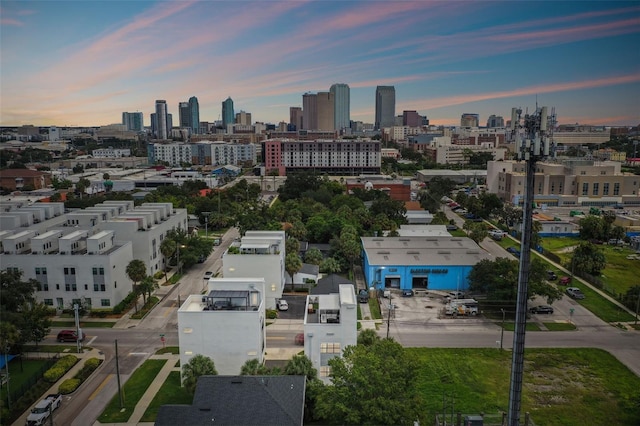 view of aerial view at dusk