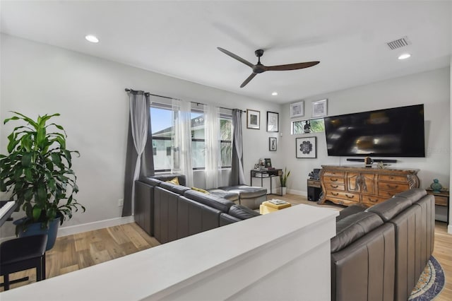 living room with ceiling fan and light wood-type flooring