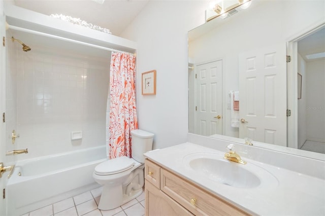 full bathroom with vanity, shower / bath combo with shower curtain, toilet, and tile patterned flooring