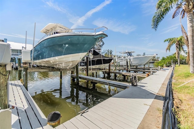 dock area featuring a water view and boat lift