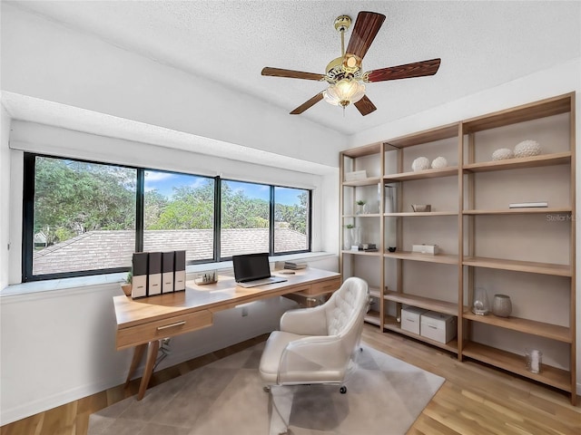 home office featuring light hardwood / wood-style flooring, ceiling fan, and a textured ceiling