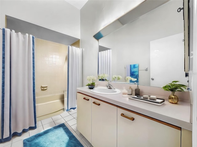 bathroom with shower / bath combination with curtain, vanity, and tile patterned floors