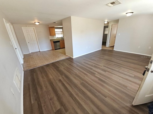 unfurnished living room featuring sink and dark hardwood / wood-style flooring