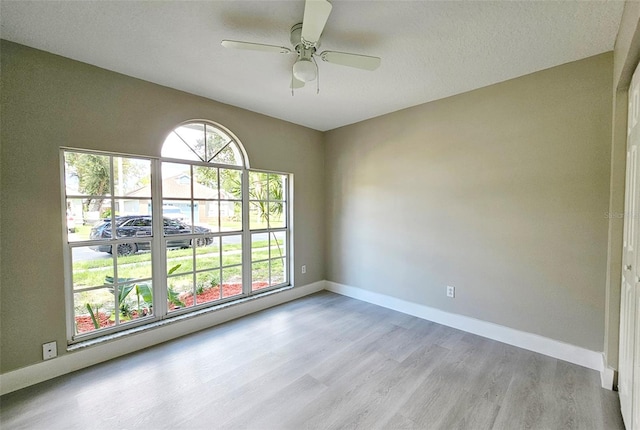 empty room with ceiling fan and light hardwood / wood-style flooring