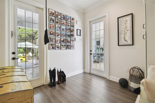 entryway with dark hardwood / wood-style floors and ornamental molding