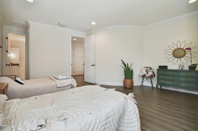 bedroom with dark hardwood / wood-style flooring and ornamental molding