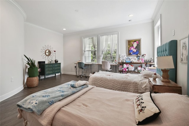 bedroom featuring dark hardwood / wood-style flooring and crown molding