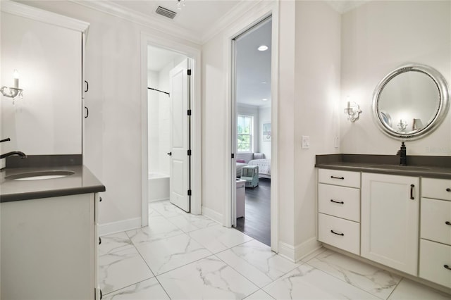 bathroom featuring vanity, separate shower and tub, and crown molding