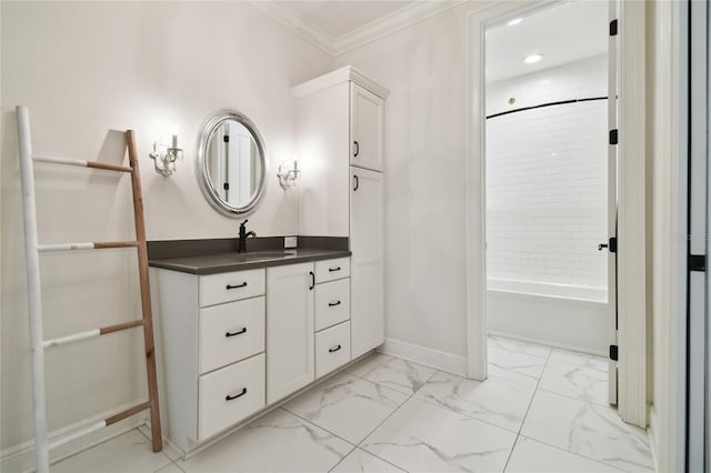 bathroom featuring vanity, shower / tub combination, and crown molding