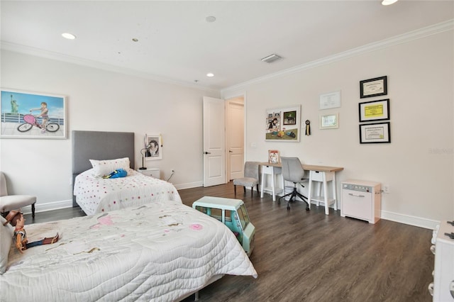 bedroom featuring ornamental molding and dark wood-type flooring