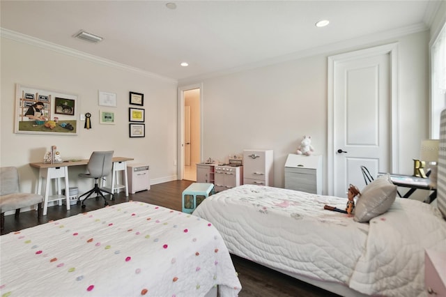 bedroom with dark wood-type flooring and crown molding