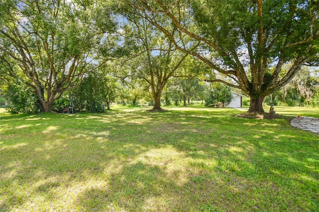 view of yard with a garage