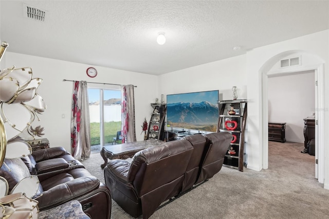 living room with a textured ceiling and light colored carpet