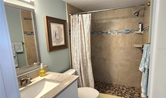 bathroom with vanity, curtained shower, and toilet