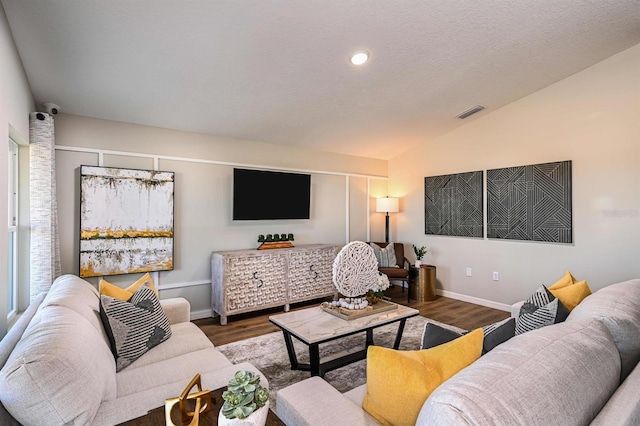 living room featuring lofted ceiling and dark hardwood / wood-style flooring