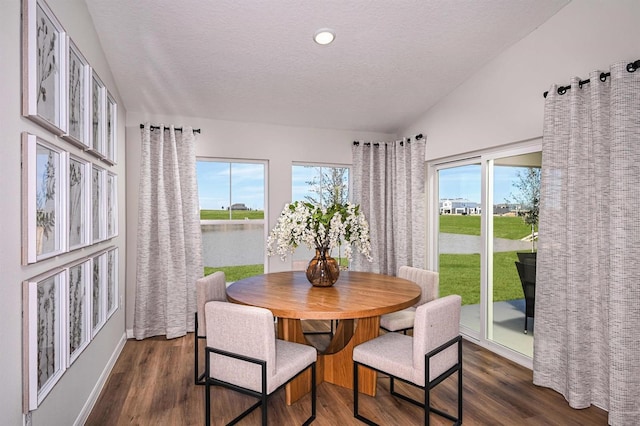 dining area with dark hardwood / wood-style floors, vaulted ceiling, a water view, and a healthy amount of sunlight