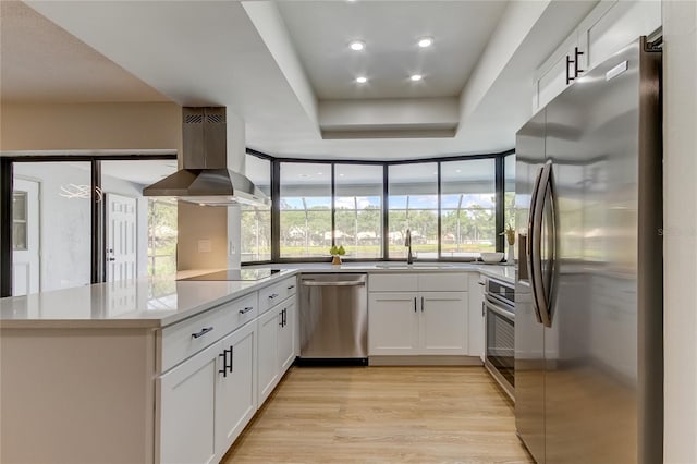 kitchen featuring white cabinets, wall chimney exhaust hood, kitchen peninsula, stainless steel appliances, and sink