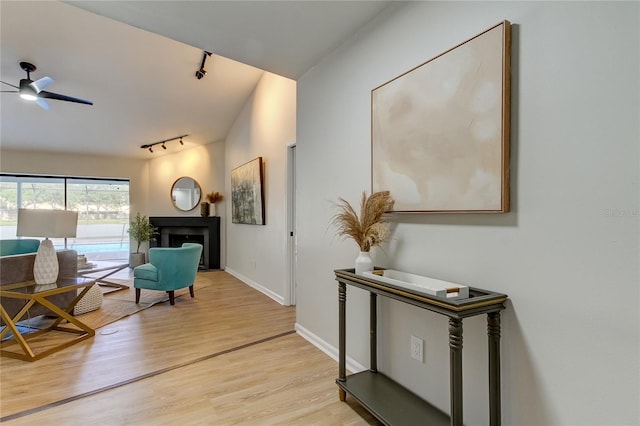 interior space featuring rail lighting, light hardwood / wood-style floors, and ceiling fan