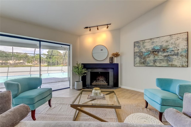 living room with light hardwood / wood-style floors and rail lighting