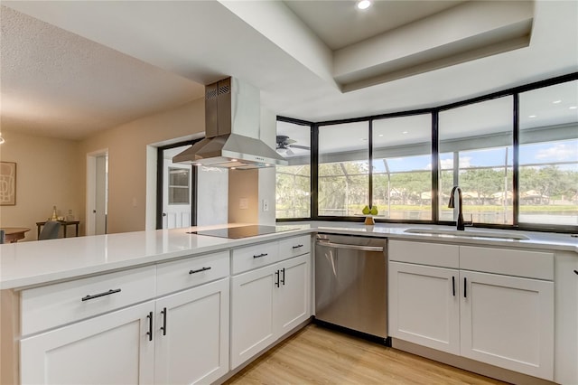 kitchen with white cabinetry, dishwasher, exhaust hood, light hardwood / wood-style flooring, and sink