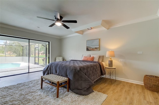 bedroom with access to outside, light wood-type flooring, ornamental molding, and ceiling fan