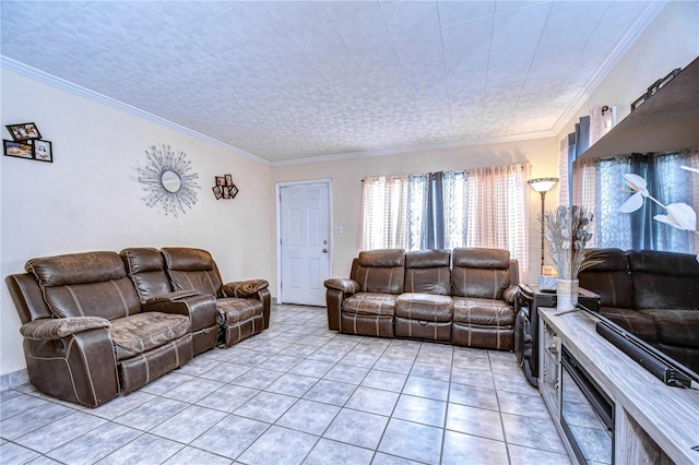 tiled living room featuring ornamental molding