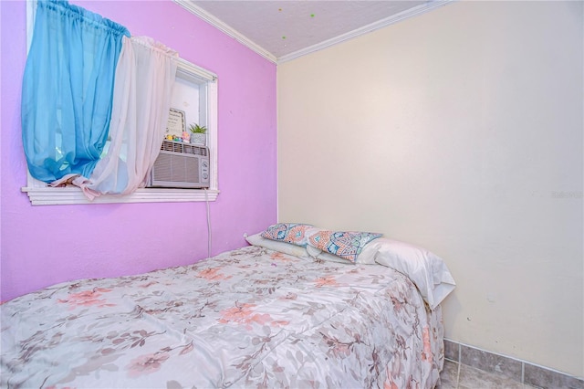 bedroom with crown molding and cooling unit