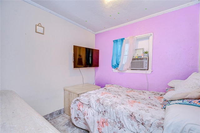 bedroom featuring crown molding, vaulted ceiling, and cooling unit