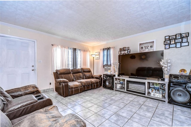 living area with light tile patterned floors and crown molding