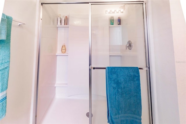 bathroom featuring a shower with shower door