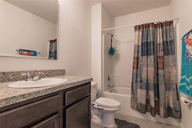 full bathroom with toilet, vanity, tile patterned floors, and shower / bathtub combination with curtain