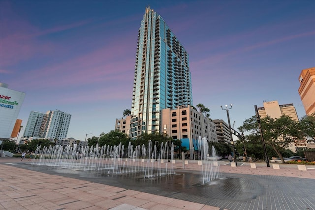 view of outdoor building at dusk