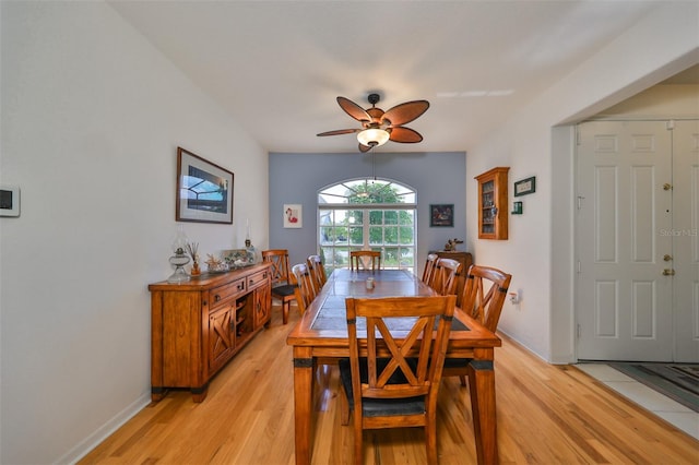 dining area featuring ceiling fan and light hardwood / wood-style floors