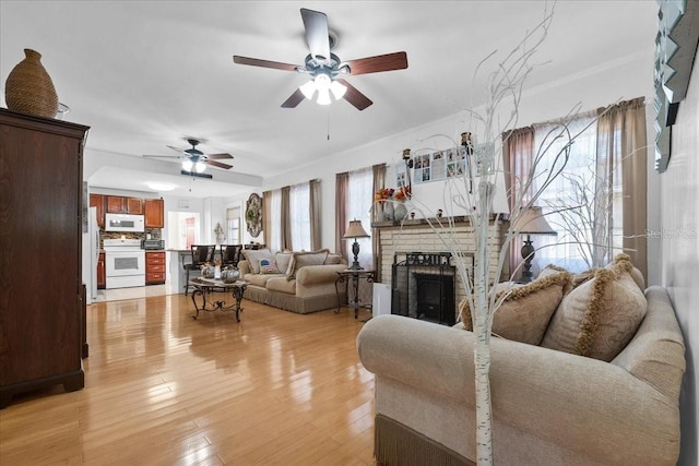 living room featuring crown molding, a fireplace, ceiling fan, and light hardwood / wood-style flooring