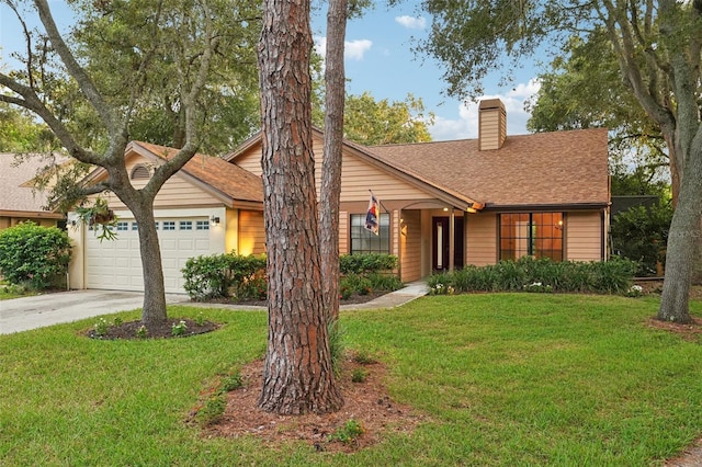 view of front of home with a garage and a front lawn