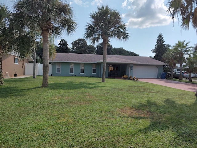 ranch-style house with a garage and a front yard