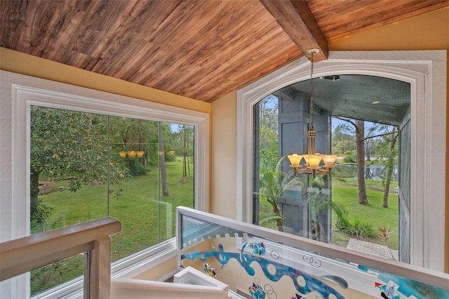 unfurnished sunroom featuring a chandelier, a wealth of natural light, lofted ceiling with beams, and wooden ceiling