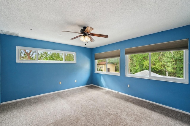 carpeted spare room featuring a wealth of natural light, ceiling fan, and a textured ceiling