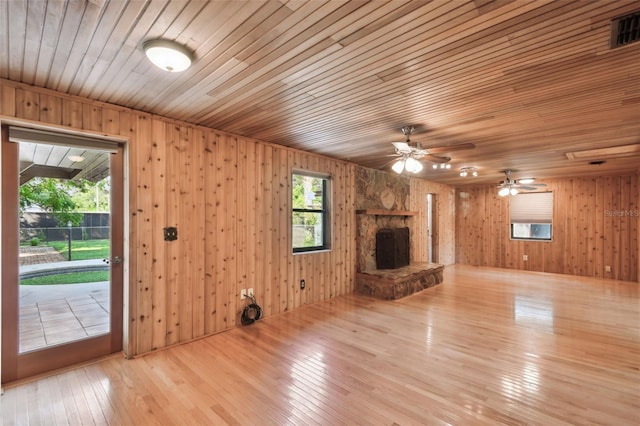 unfurnished living room with hardwood / wood-style floors, wooden walls, and wood ceiling