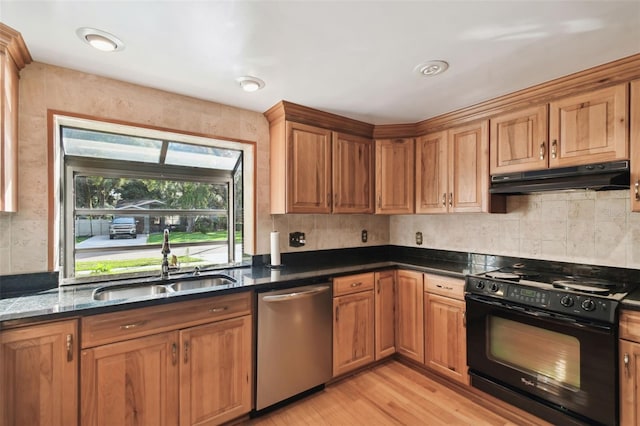 kitchen with black stove, stainless steel dishwasher, dark stone counters, sink, and light hardwood / wood-style floors