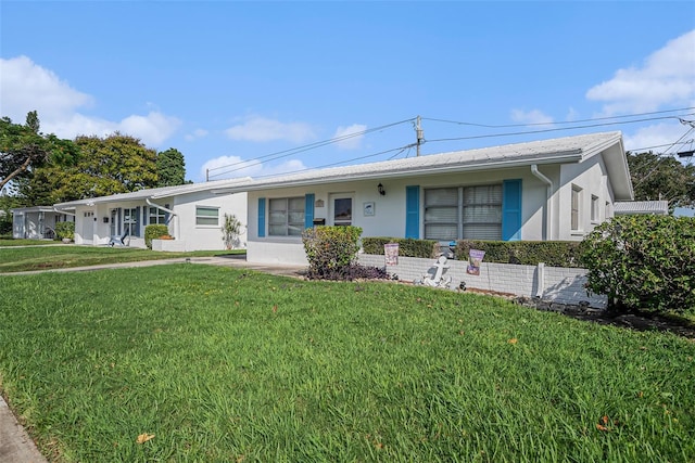 single story home with a front yard, stucco siding, and fence