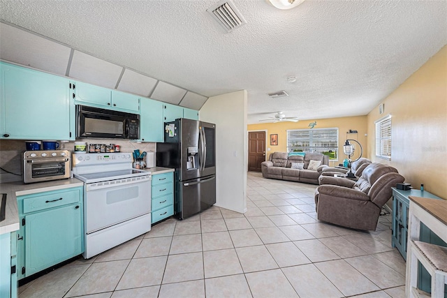 kitchen featuring light tile patterned floors, white range with electric cooktop, stainless steel fridge with ice dispenser, and ceiling fan