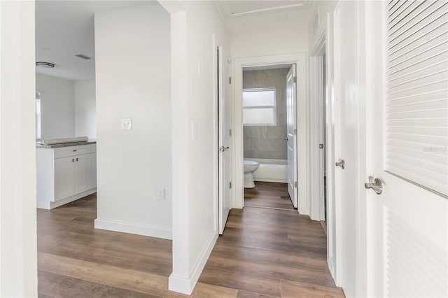 hallway featuring dark wood-type flooring