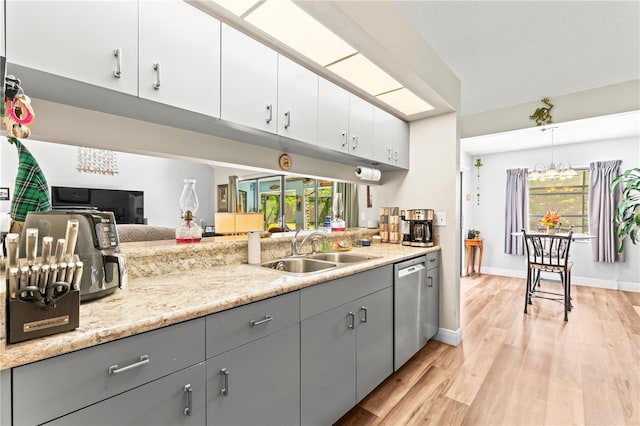 kitchen featuring white cabinetry, sink, dishwasher, decorative light fixtures, and gray cabinets